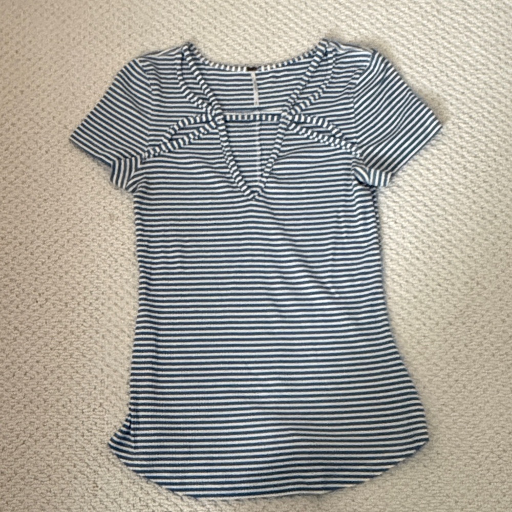 Free People Blue and White Striped V-Neck Cut-Out Tee